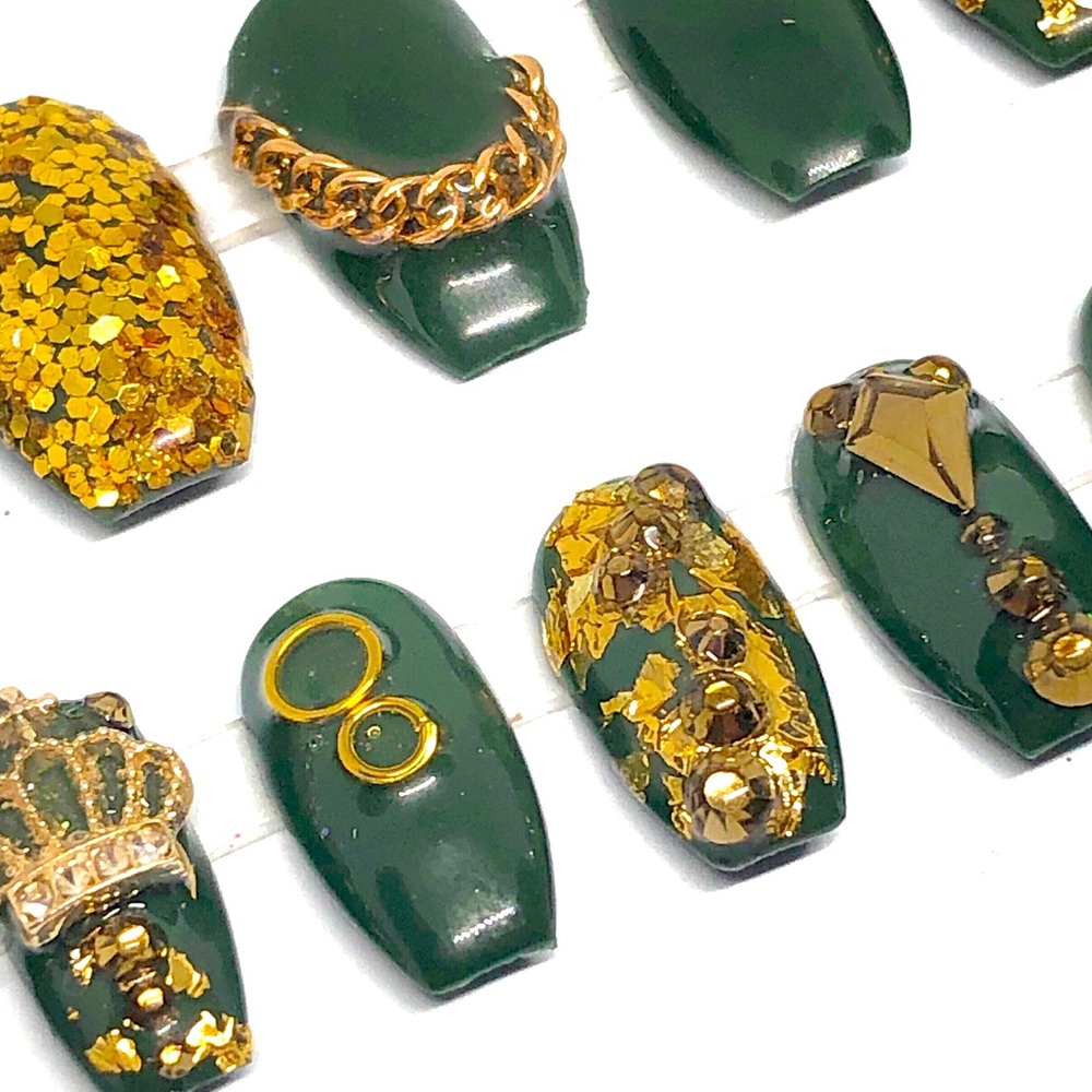 Handmade Press on Nails UV Gel Medium Short Coffin Green & Gold Shiny Fu… - Picture 8 of 8